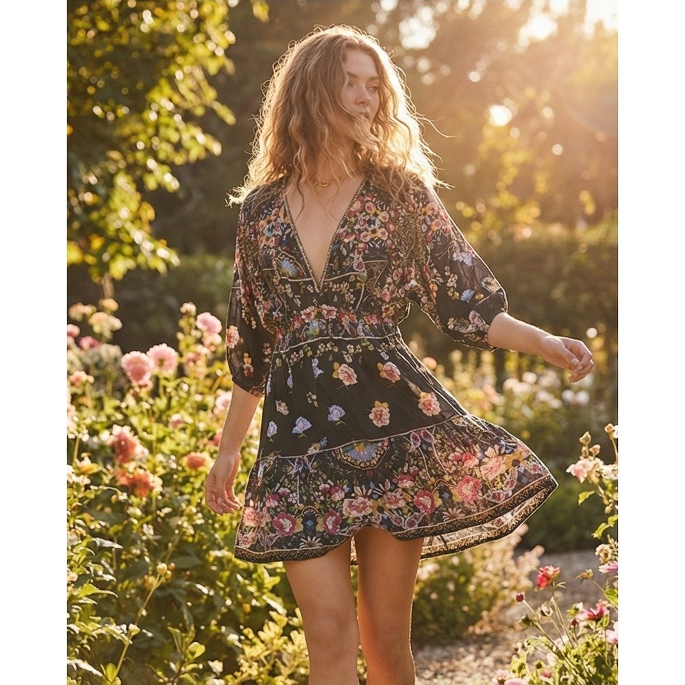 Johnny Was Silk Dress Small‎ Floral Print Boho Bohemian Black *Hole in Slv-Photo